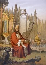 Sufi, der die Ney spielt, sitzt in einem türkischen Friedhof zwischen den beschrifteten Grabsteinen, Illustration aus 